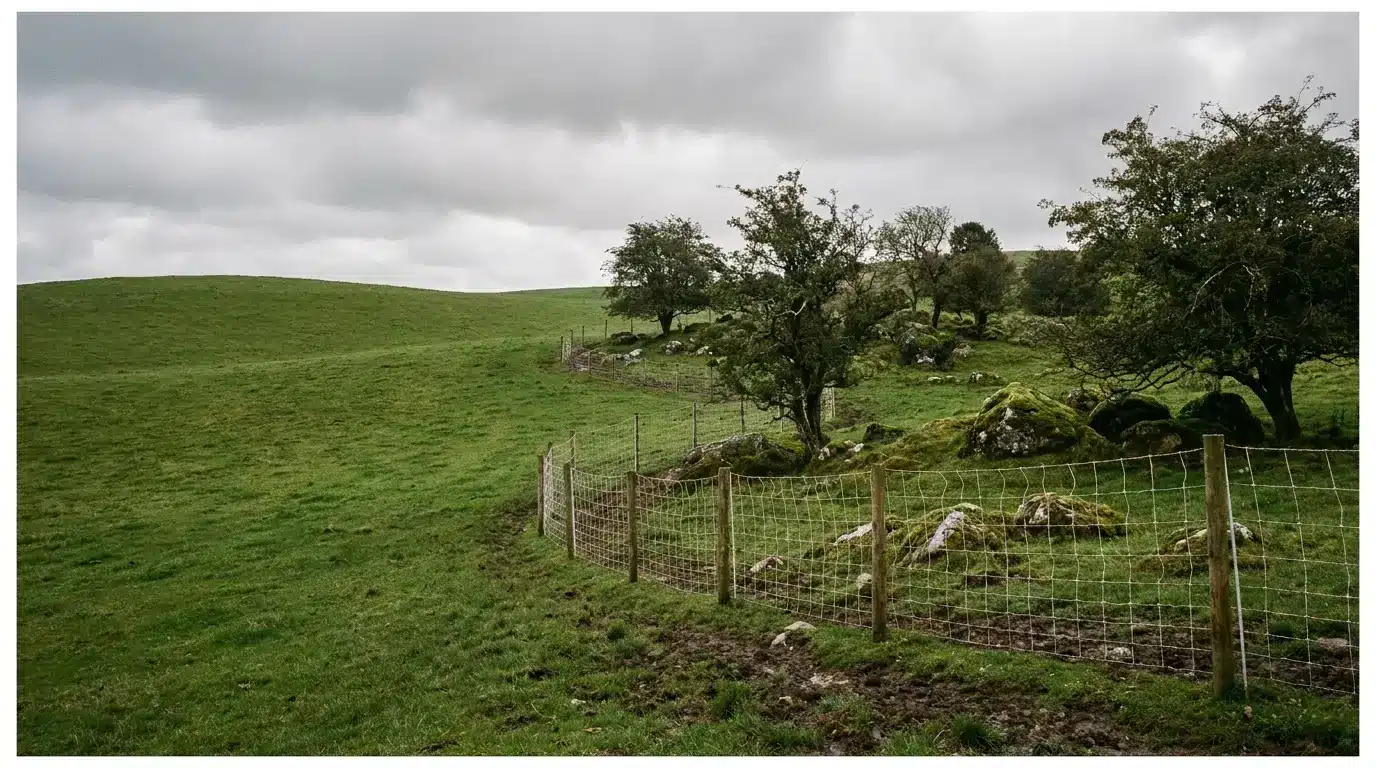 Rolling green hills with wooden fence and scattered trees under overcast sky