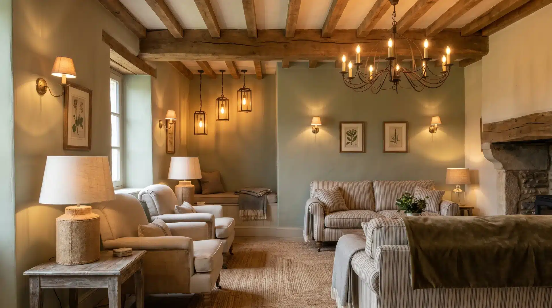 French country living room with iron chandelier, wall sconces, linen armchairs, and rustic beams.