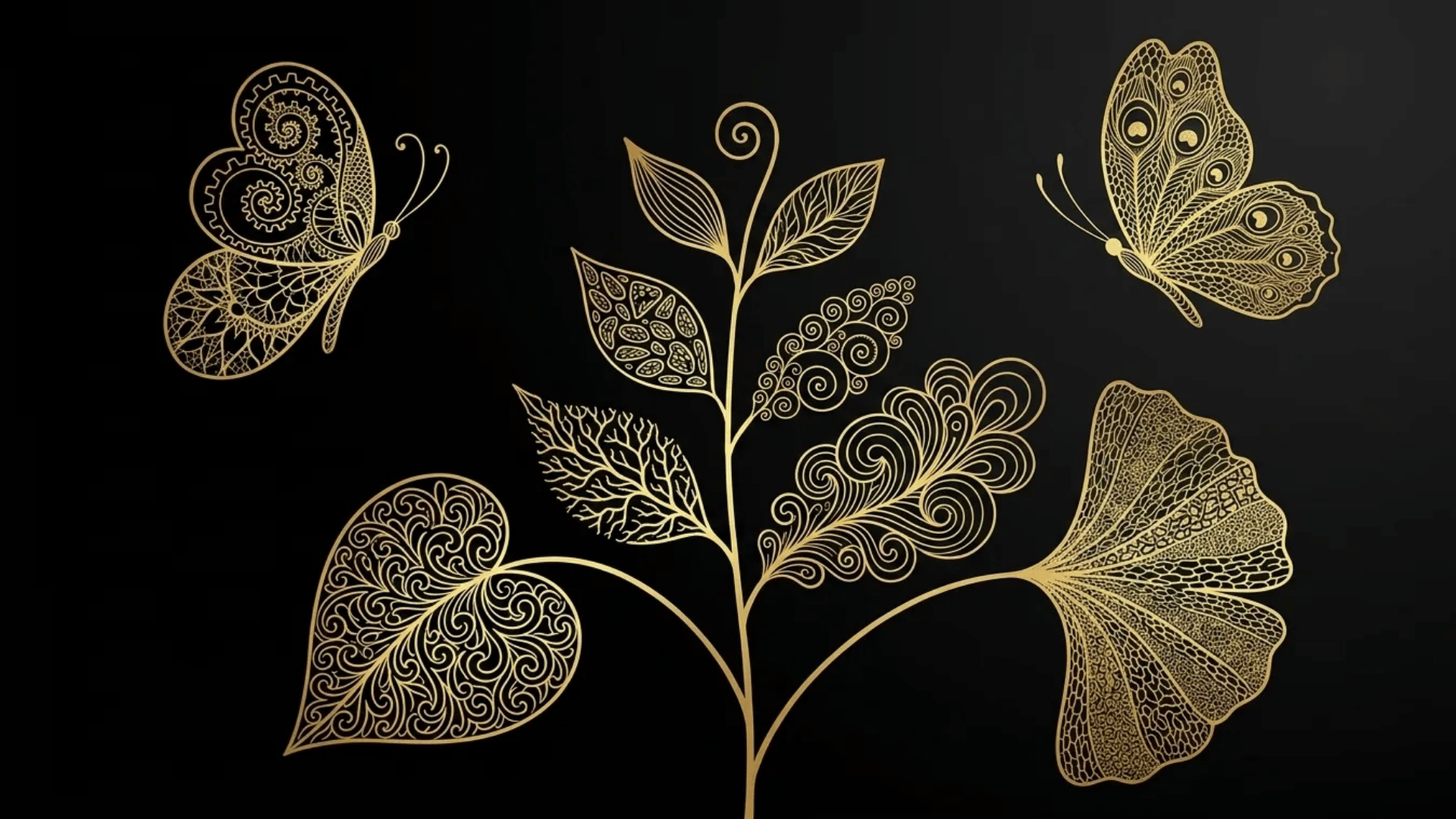 Elegant gold line art featuring detailed butterflies, leaves, and floral patterns on a rich black background.