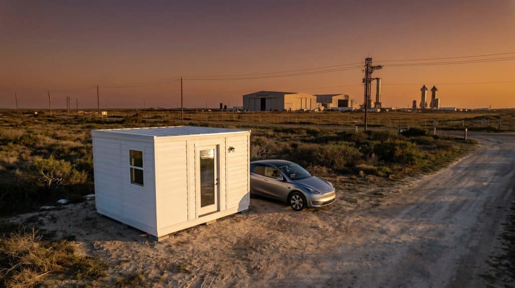 Boxabl Casita tiny home in Boca Chica, Texas, featuring a compact modern prefab design with realistic roads.
