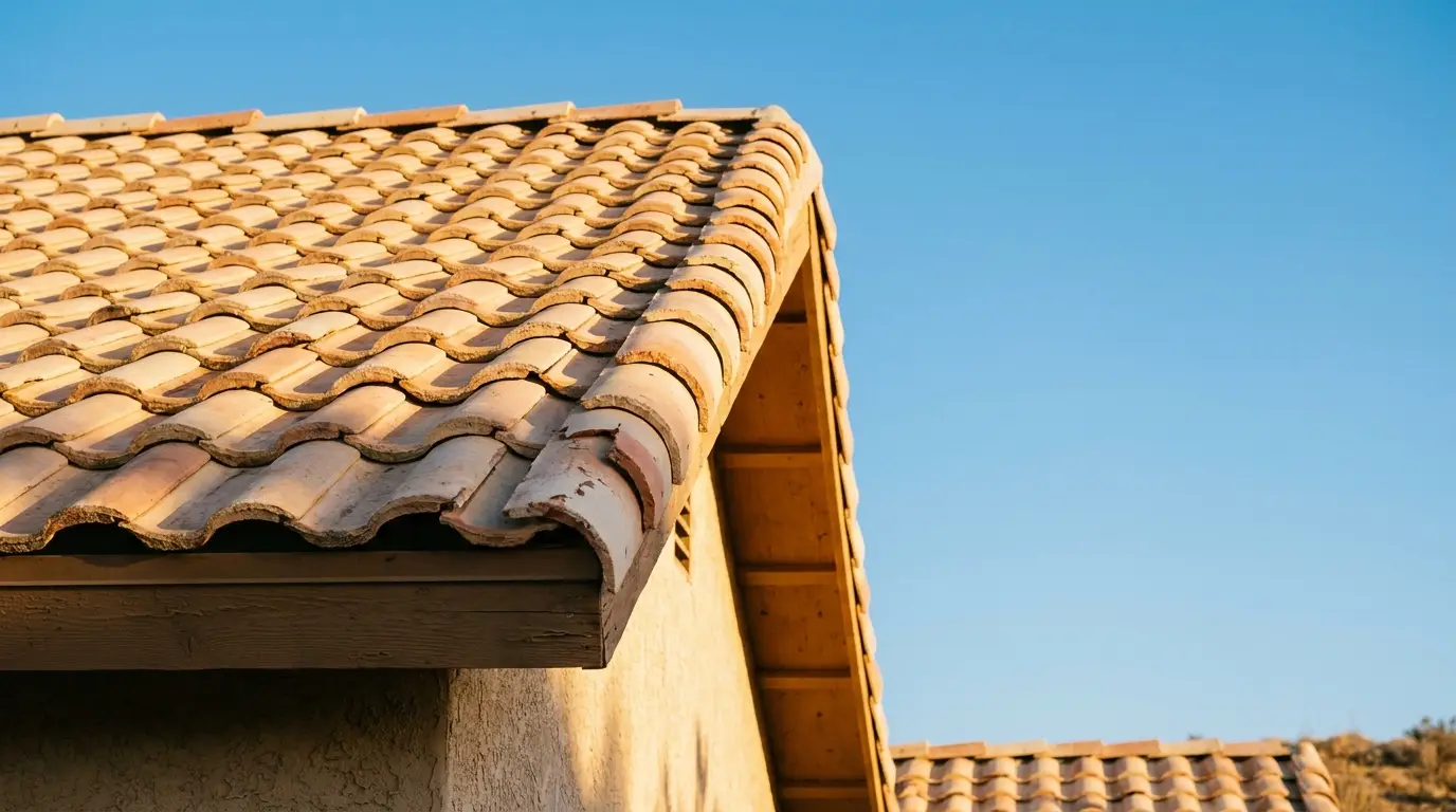 Terracotta roof tiles under clear blue sky in warm sunlight