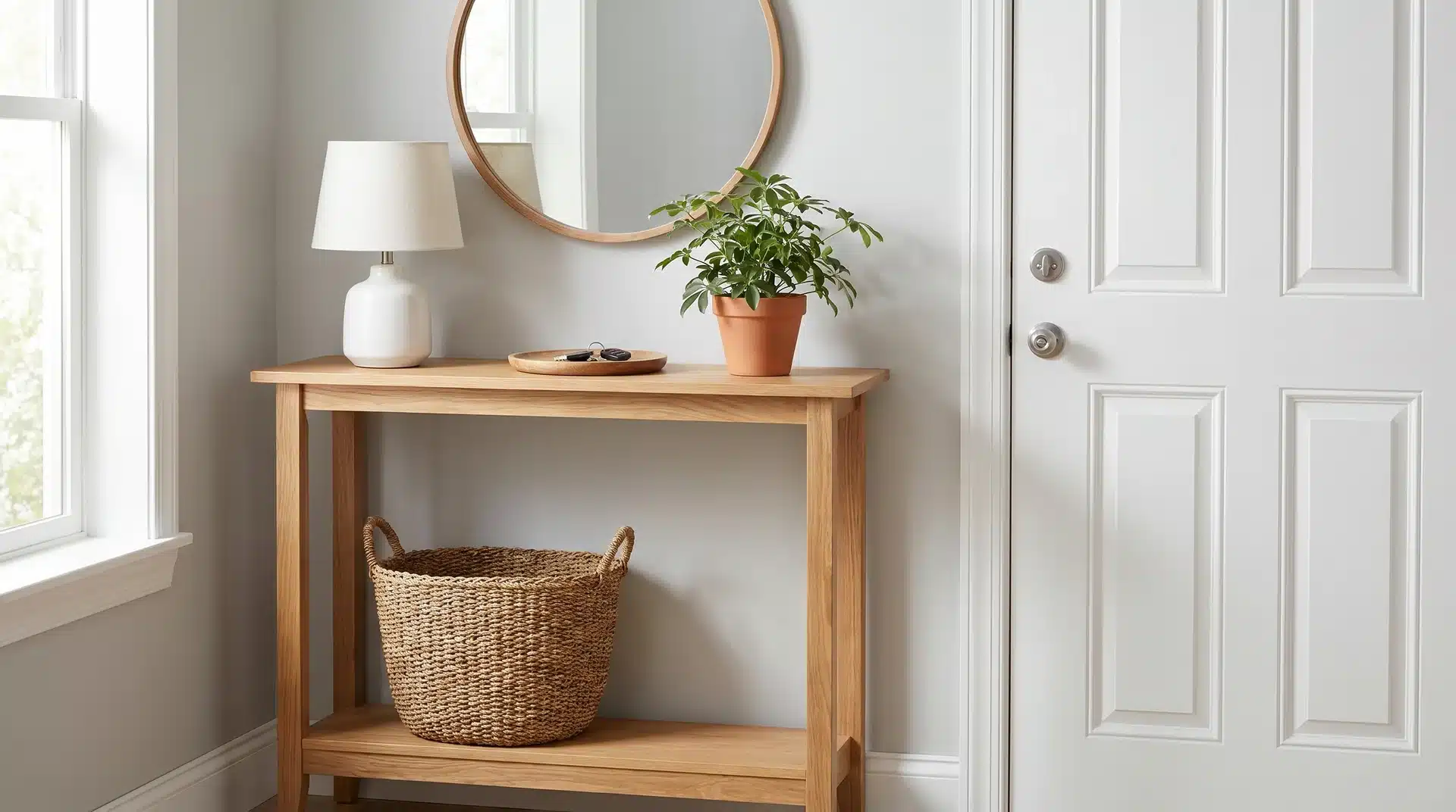 Wooden entryway console table with a round mirror, a table lamp, a potted plant, and a large woven storage basket below.