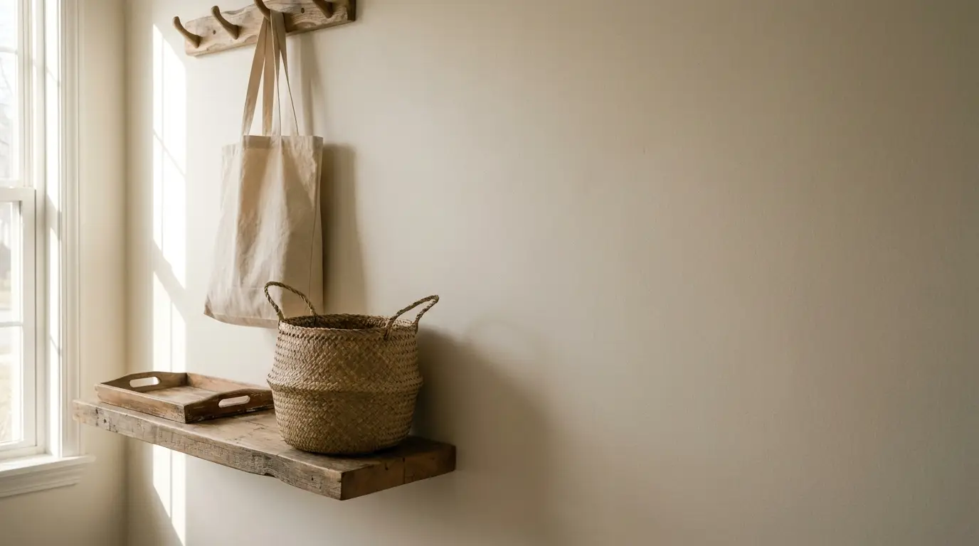 Woven basket and canvas tote bag on wooden shelf in sunlit room