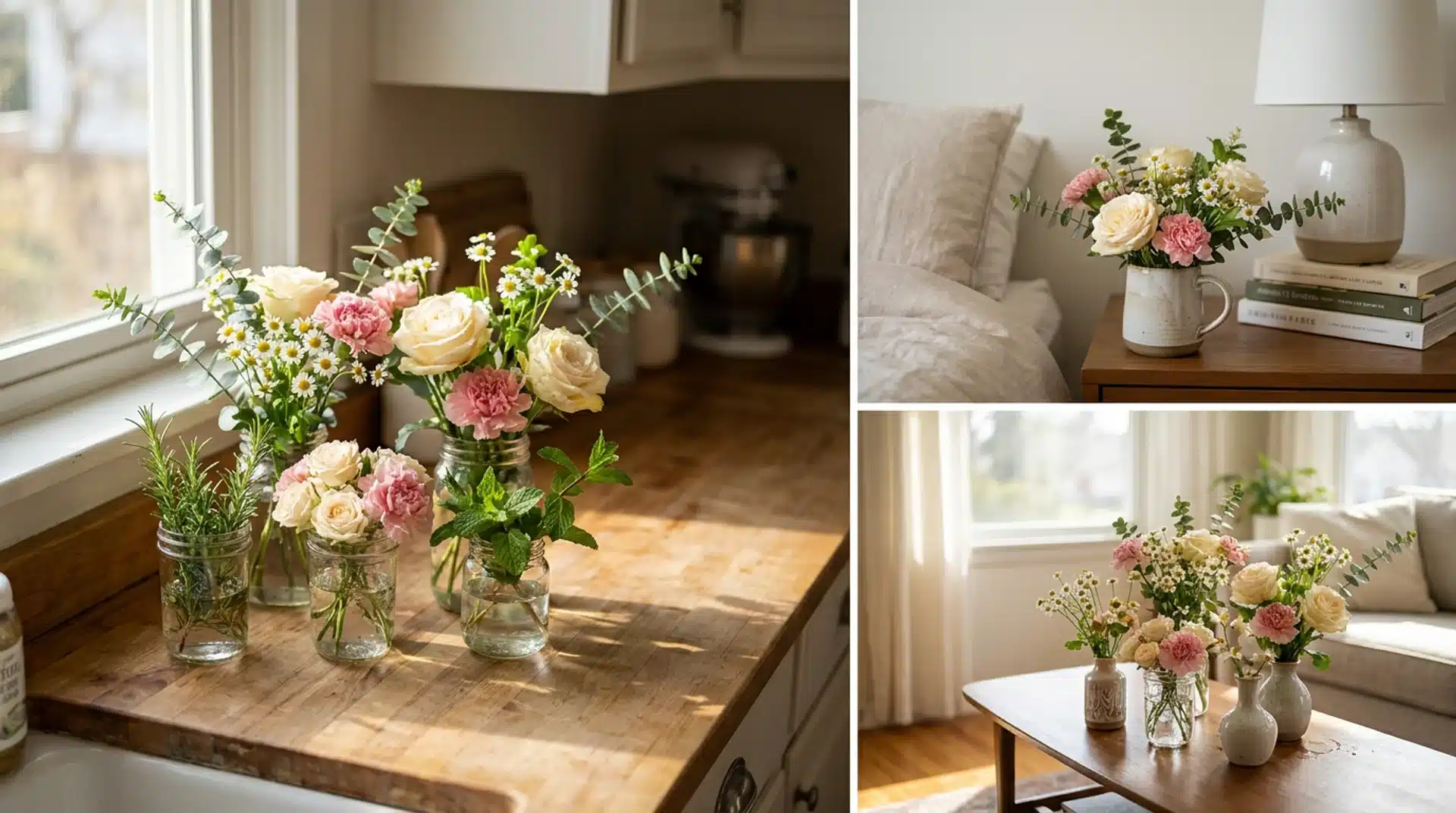 Everyday grocery store flower arrangements styled in small vases around a cozy sunlit home.