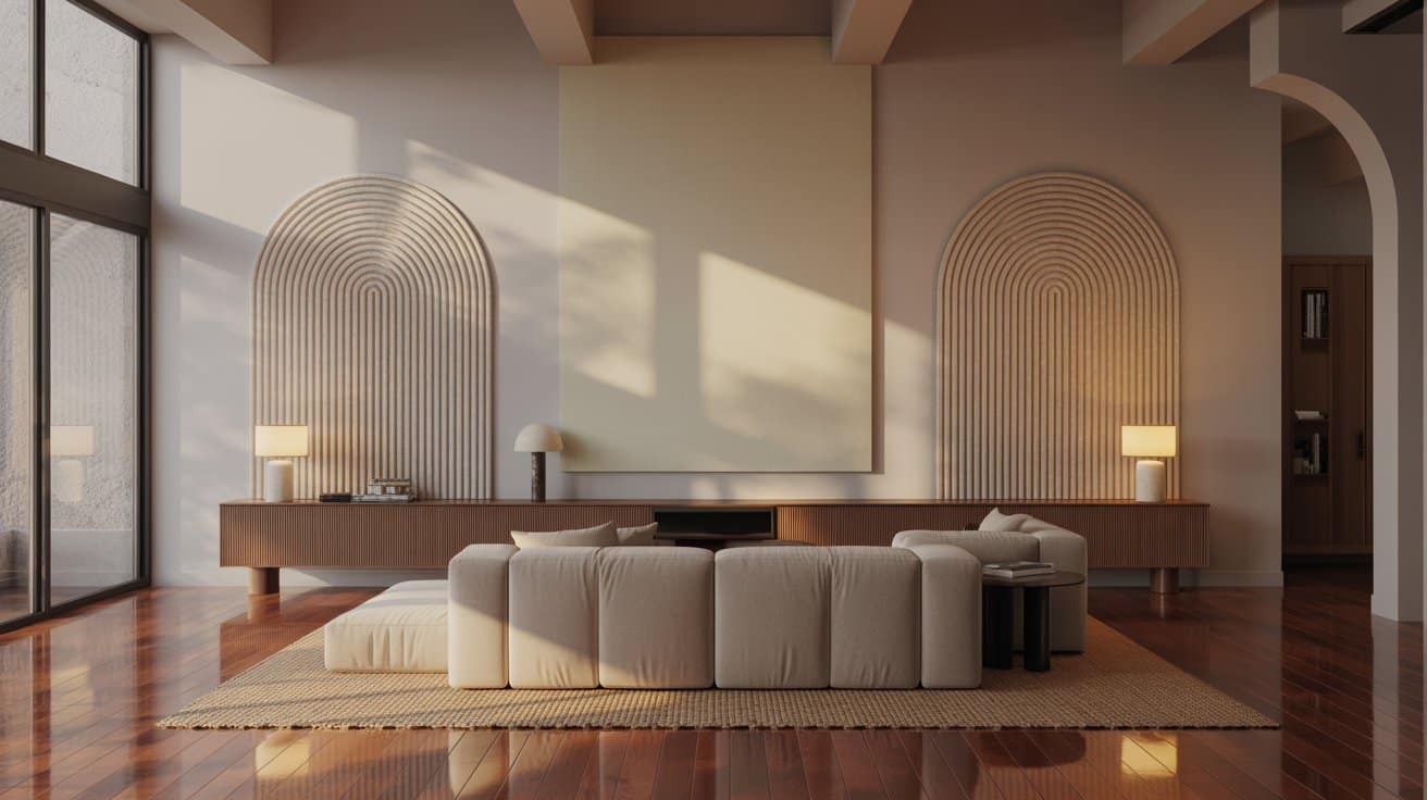 Living room featuring fabric-wrapped acoustic panels flanking a media console, providing sound absorption and stylish wall art in an open-plan space.