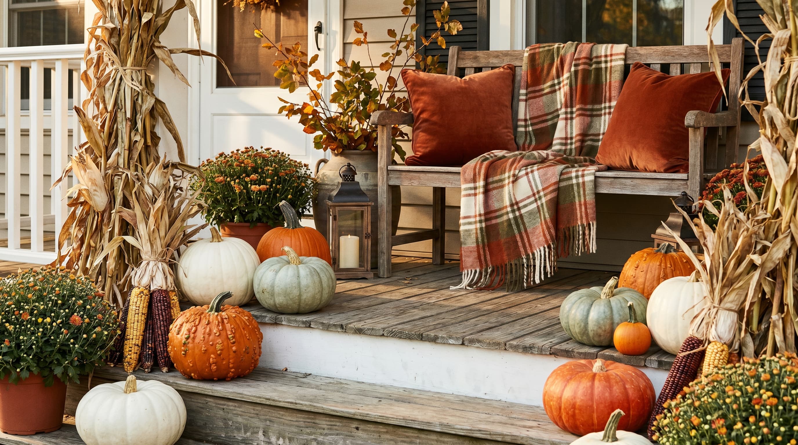 Fall front porch ideas with pumpkins, dried corn stalks, warm orange mums, a plaid throw blanket, and a lantern cluster.
