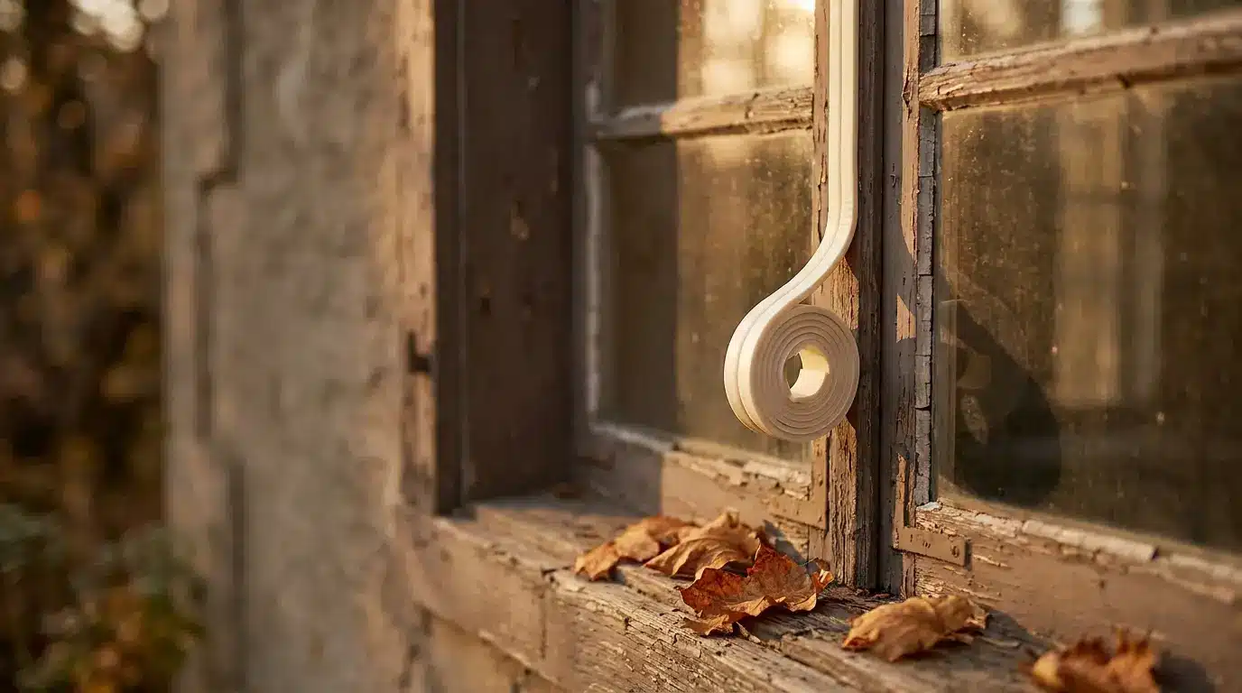 Coiled white strip attached to rustic window with dry leaves on ledge in warm light