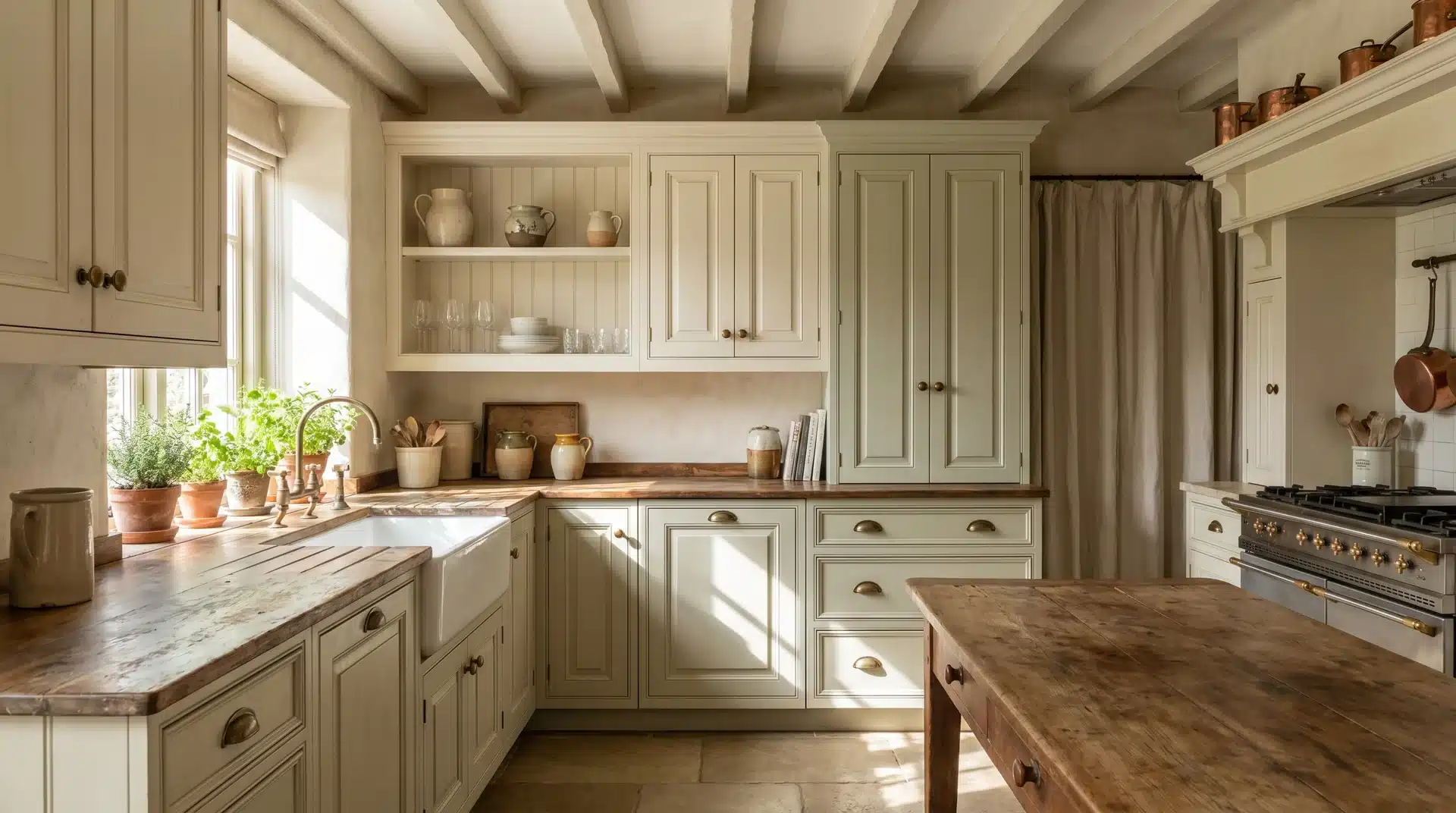 French country kitchen with farmhouse-inspired cabinets, wooden countertops, and potted herbs.