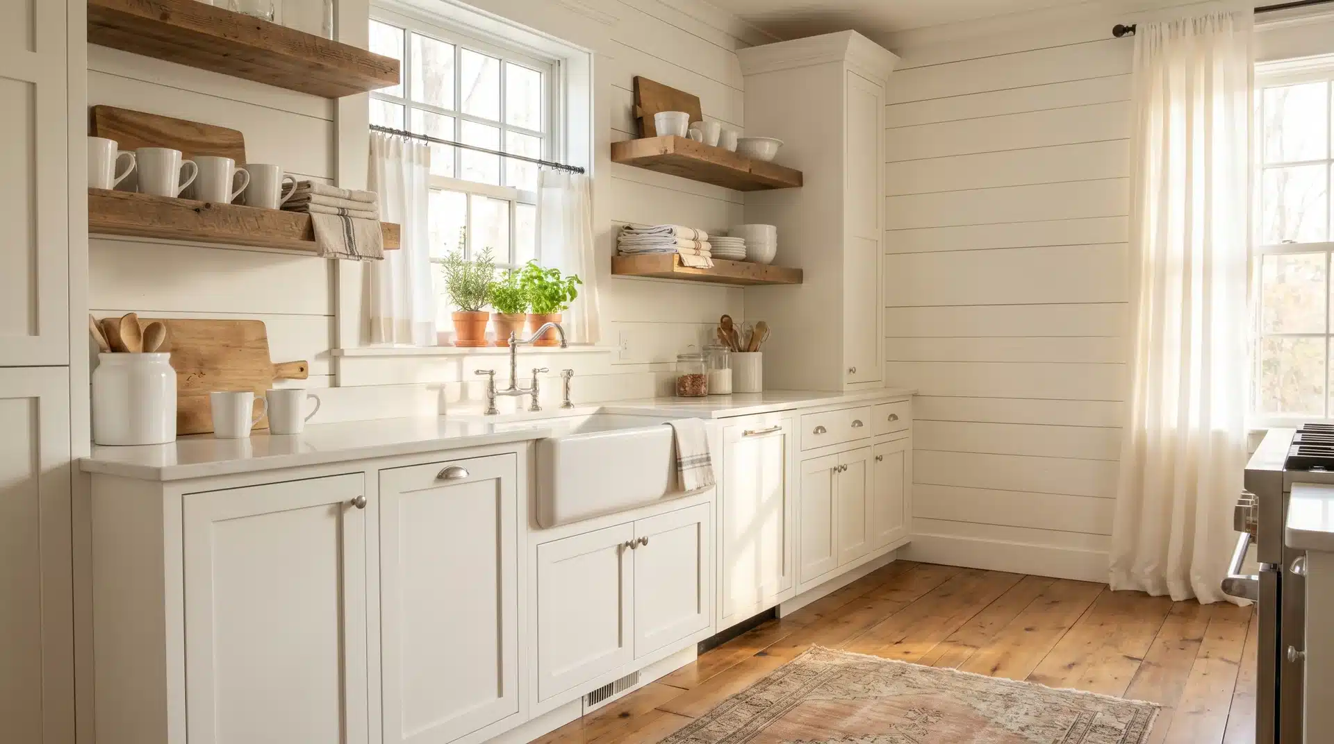 Bright farmhouse kitchen with white shiplap walls, open wooden shelves, a white apron-front sink, and a sunny window.