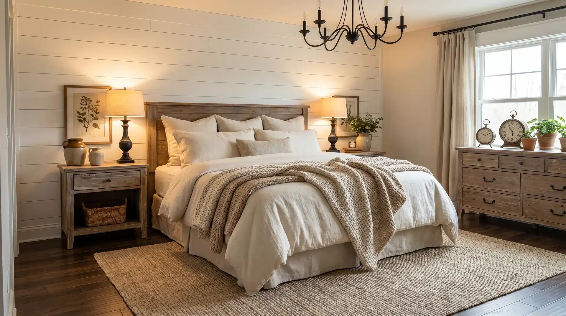 Farmhouse neutral bedroom featuring a shiplap accent wall, a rustic wooden bed with cream bedding, and warm bedside lamps.