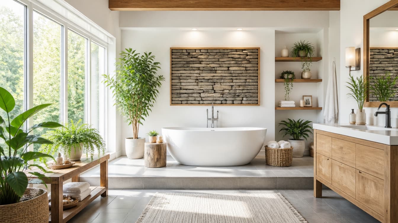 Bright bathroom with freestanding tub, stone accent wall, wooden vanity, and large windows.