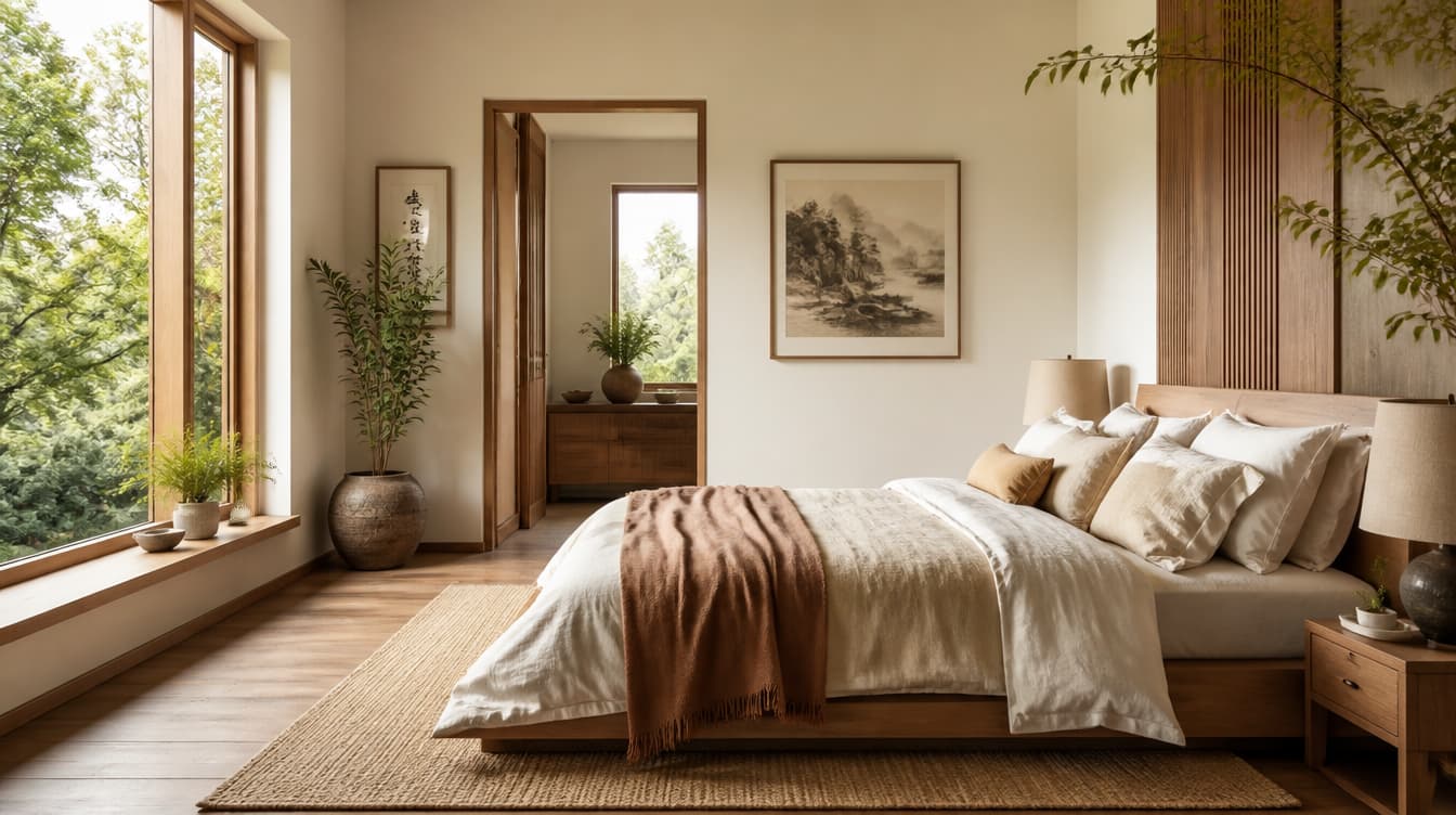 Minimalist bedroom with low platform bed, neutral tones, large windows, and cozy natural decor.
