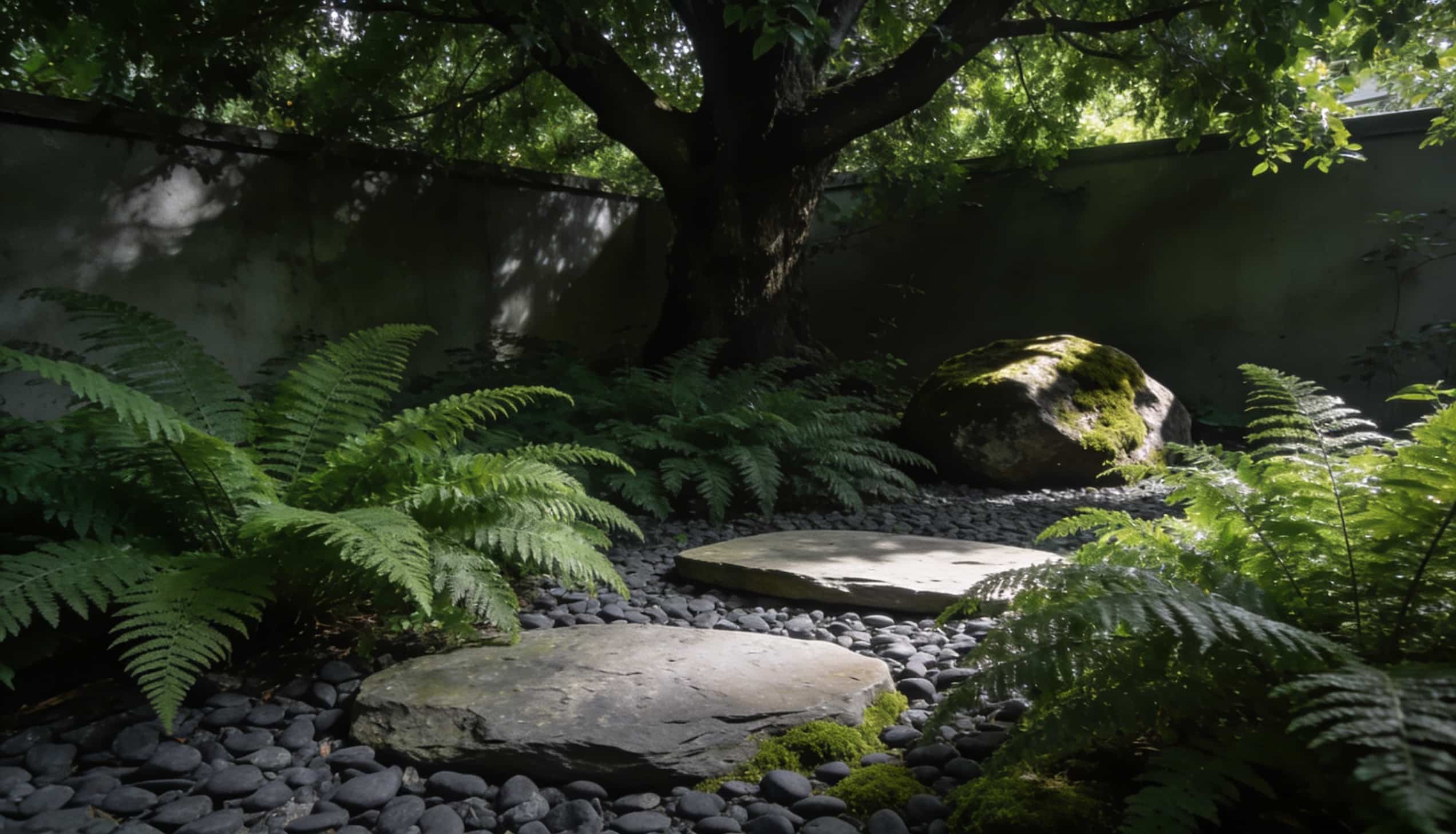 A lush green fern garden under the shade of a large tree, featuring flat stone stepping paths and dark gravel.
