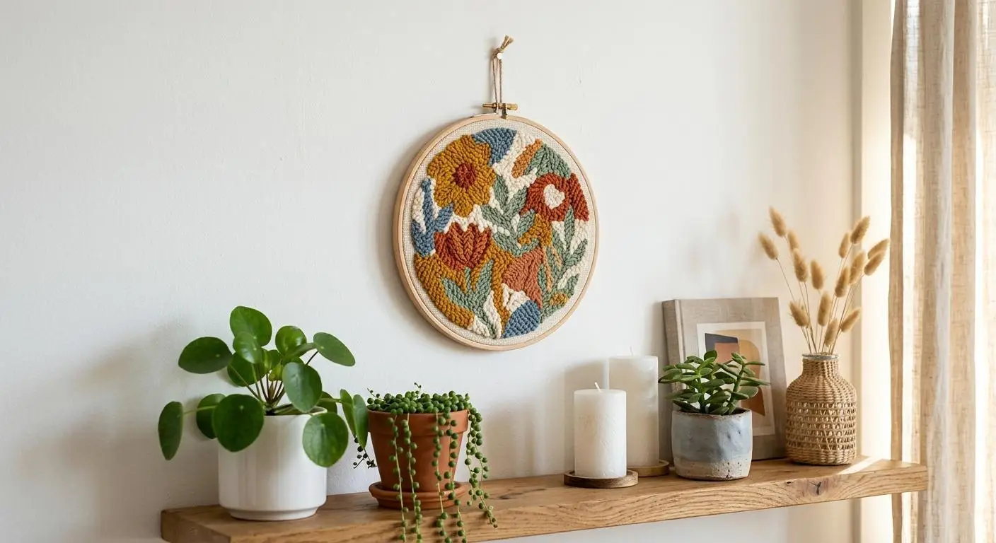 Colorful floral embroidery in hoop on wall above shelf with plants and candles