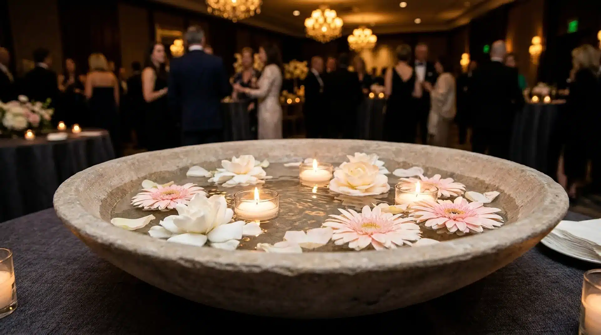 Floating flower arrangement with candles and pastel blooms at an elegant evening party table.