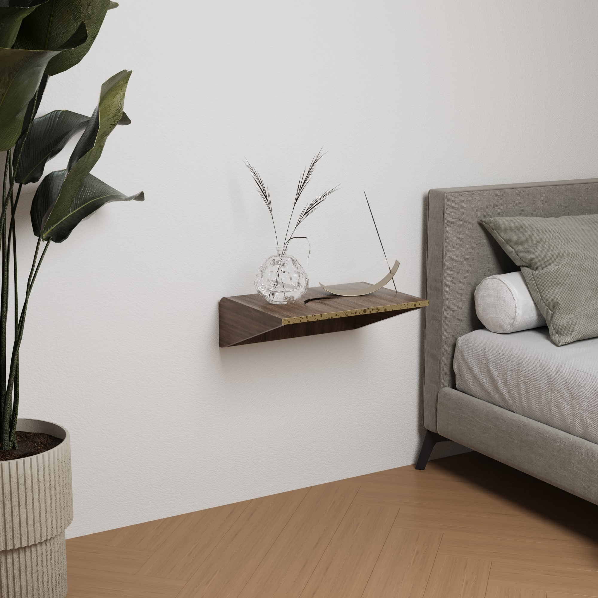 floating nightstand wall mounted with brass detail