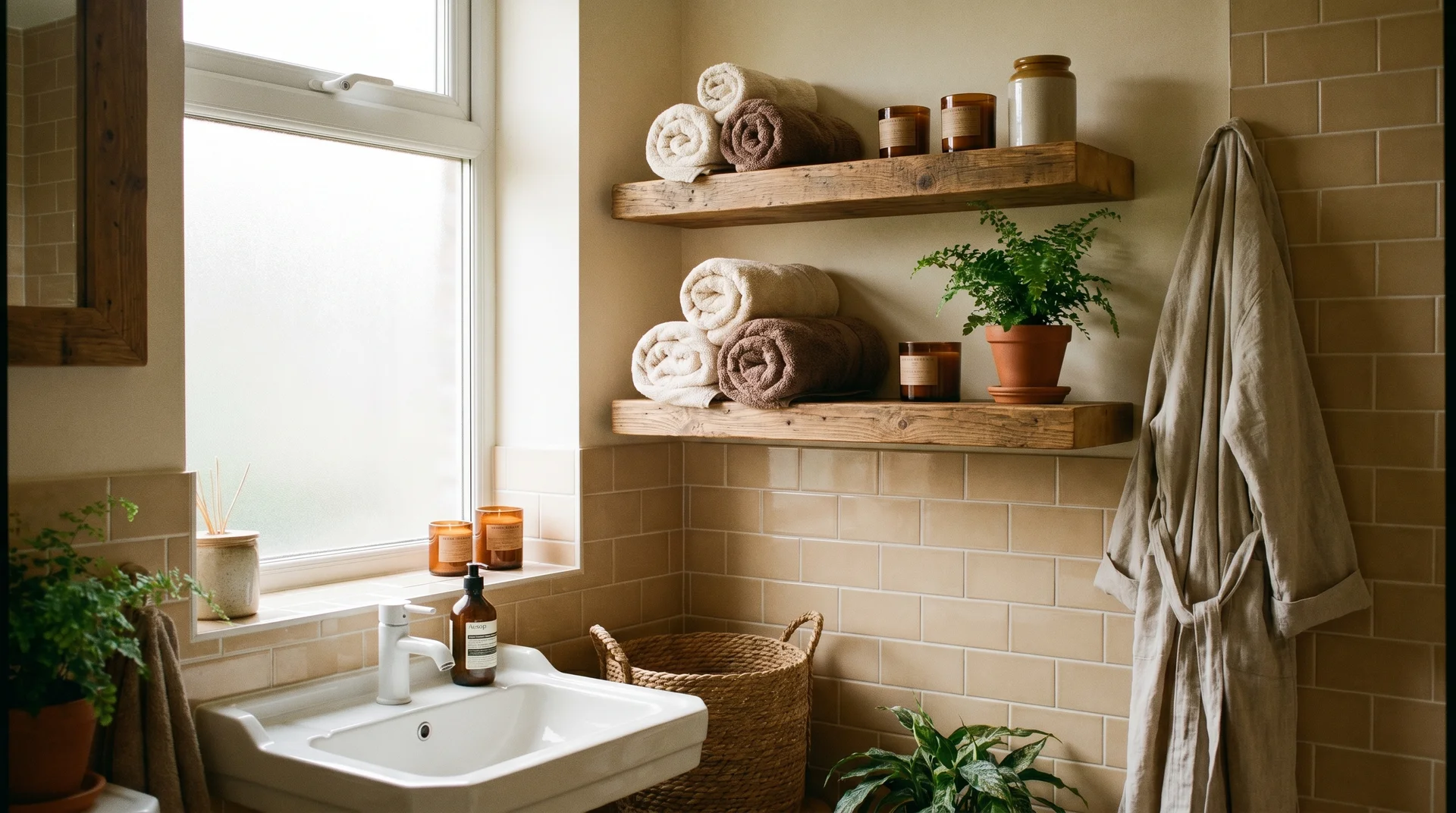 Bathroom with wooden floating shelves holding towels, candles, and potted plants.