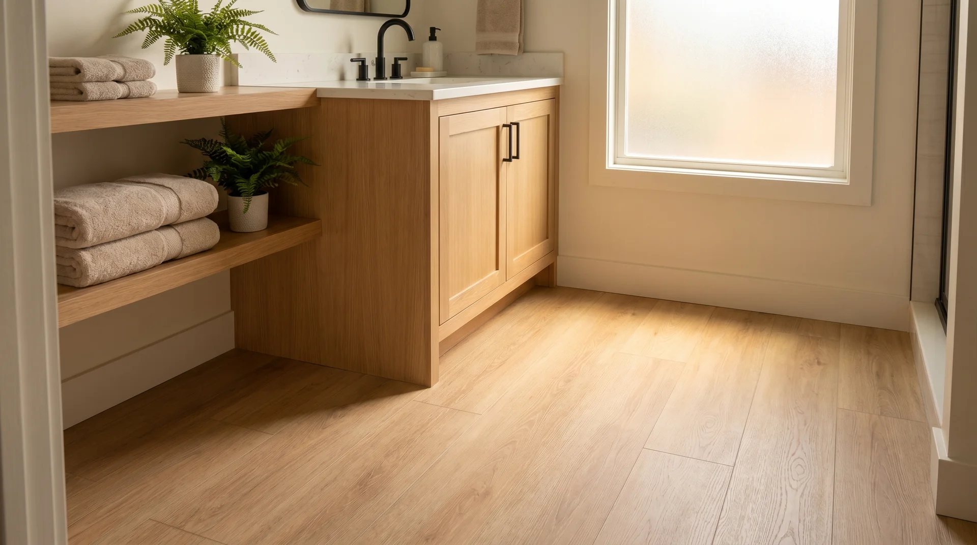 Bathroom with wood vanity, floating shelves, plants, towels, and beige tile flooring.