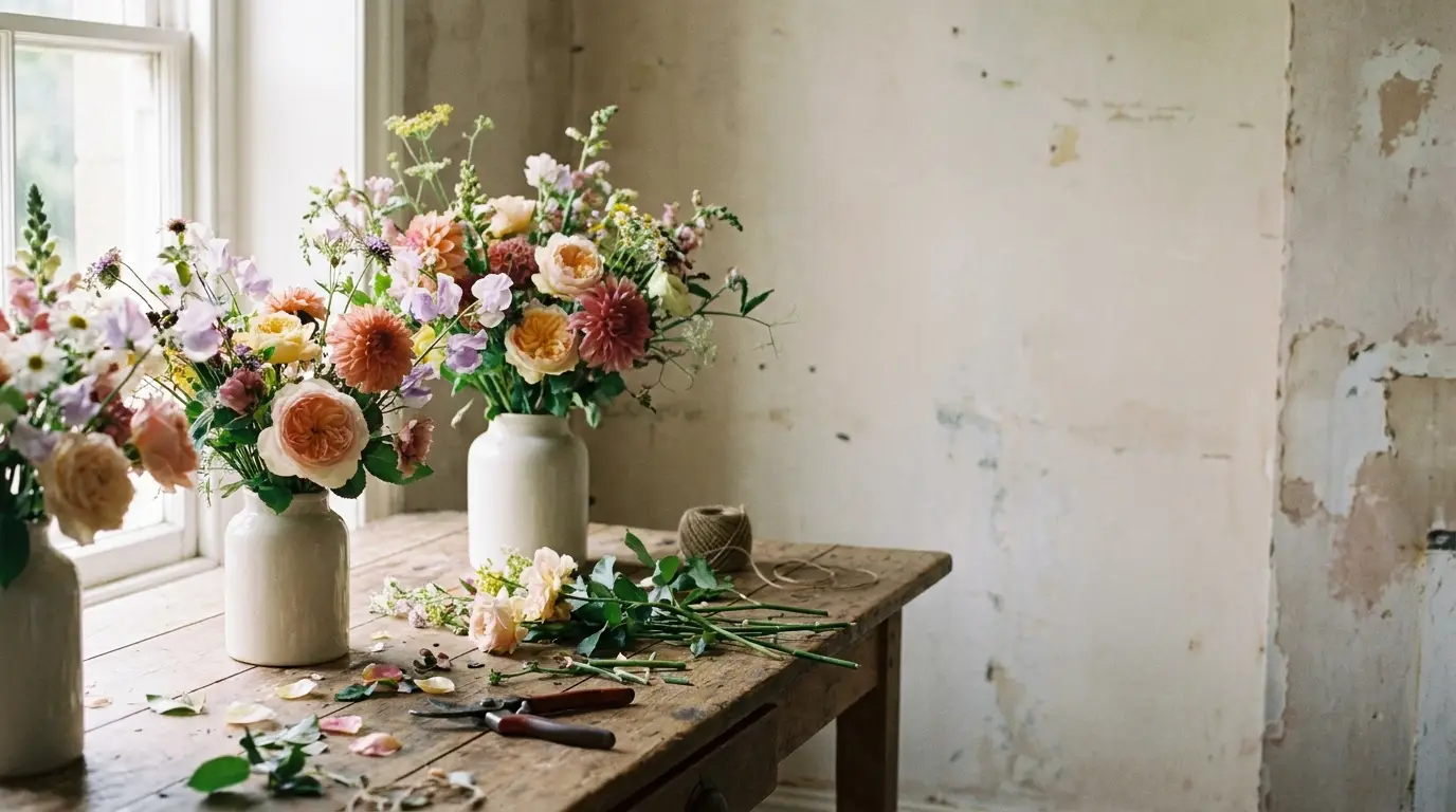 Vases of colorful fresh flowers on rustic wooden table in bright room