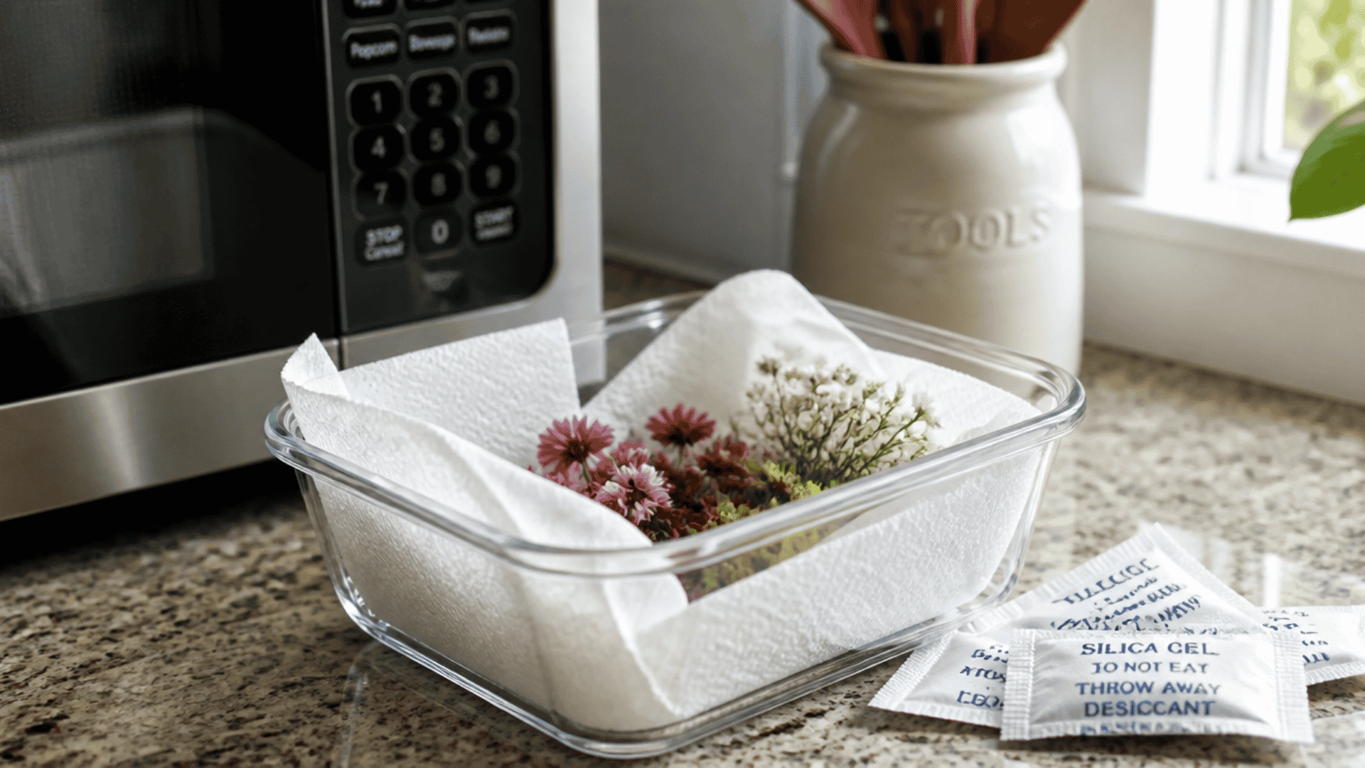 Flowers prepared for microwave drying in a container
