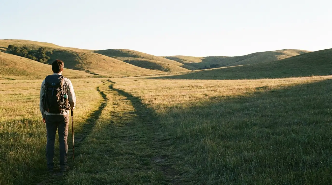 Hiker with backpack walking on expansive grassy trail at sunrise