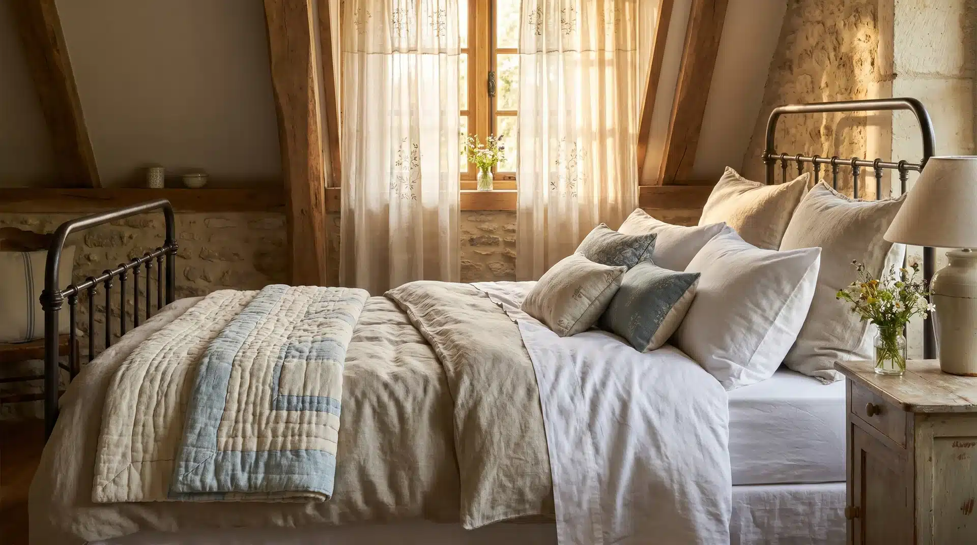 Cozy French country bedroom with layered linens and soft, neutral bedding.