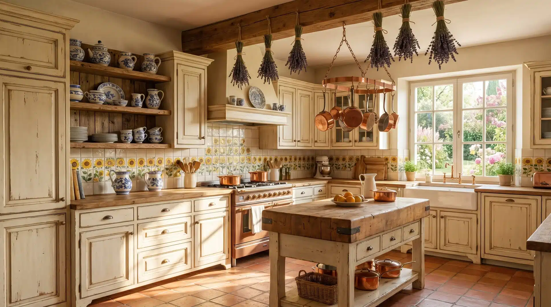 Cozy French country kitchen featuring cream cabinets, a wooden island table, open shelves, and a sunny window view.