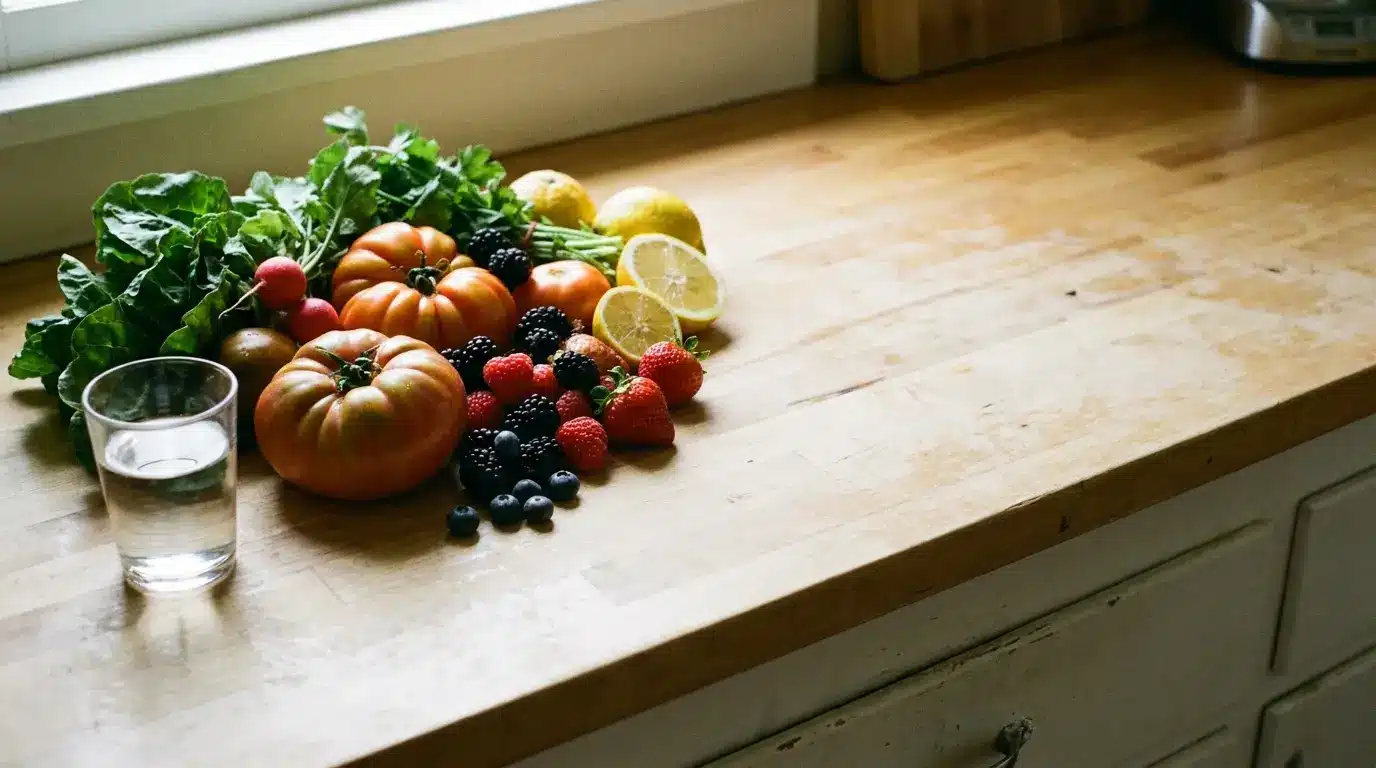 Fresh tomatoes, berries, and greens on wooden countertop with a glass of water nearby