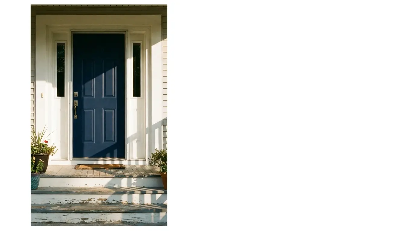 Blue front door with sidelights on porch with potted plants and weathered steps