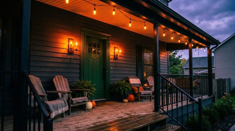 Cozy covered porch with string lights, rocking chairs, and warm evening lighting on dark exterior home.
