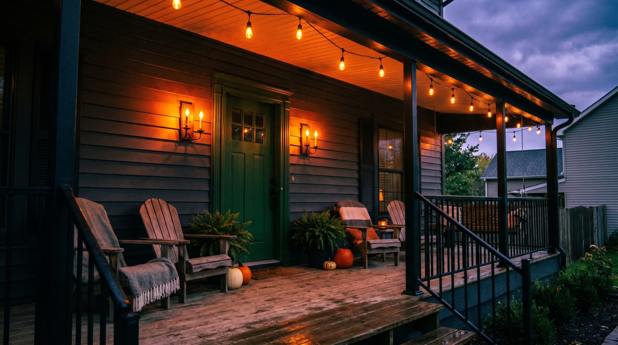 Cozy covered porch with string lights, rocking chairs, and warm evening lighting on dark exterior home.
