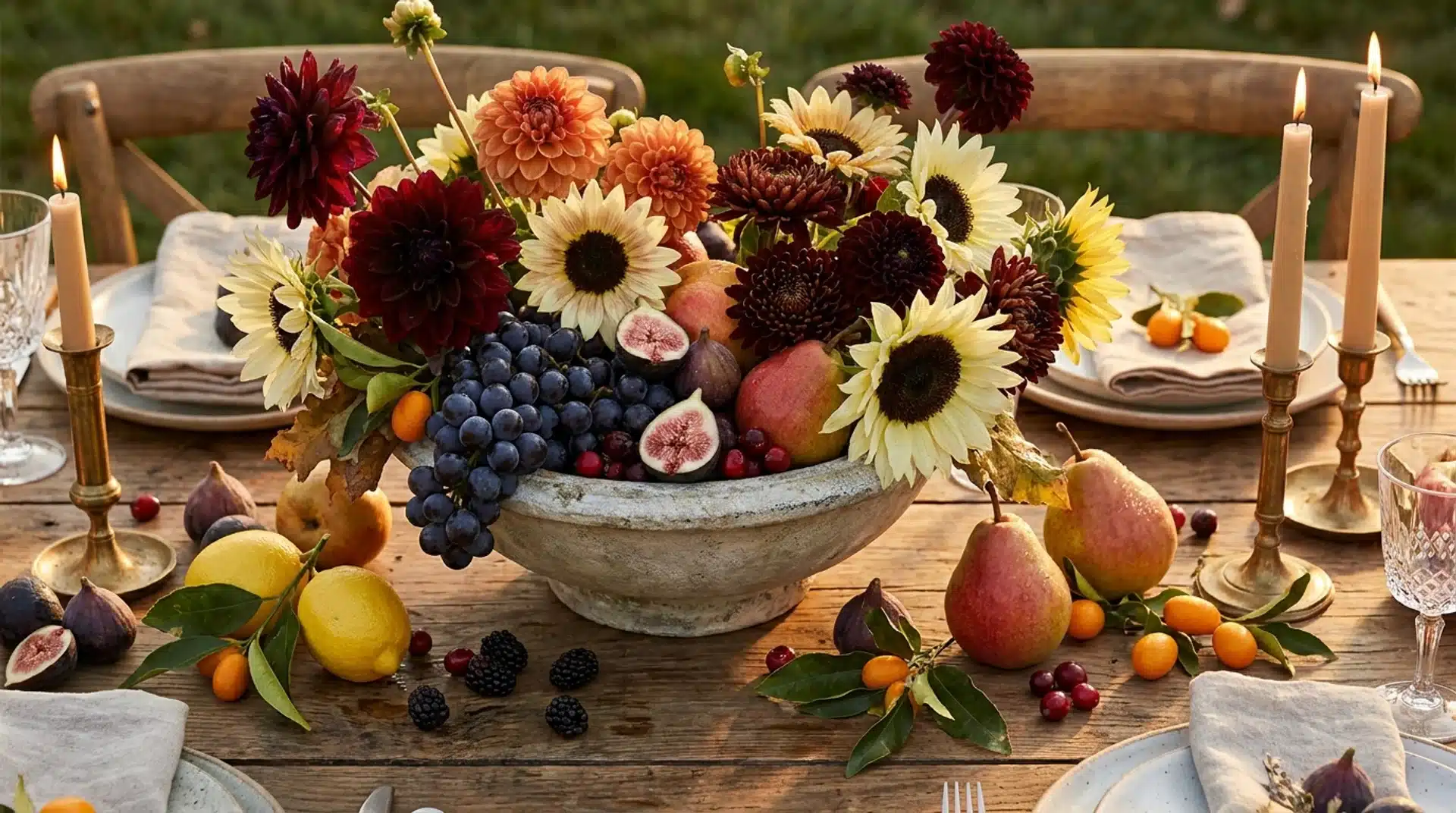 Fruit and flower centerpiece with grapes, pears, figs, sunflowers, and dahlias on a table.