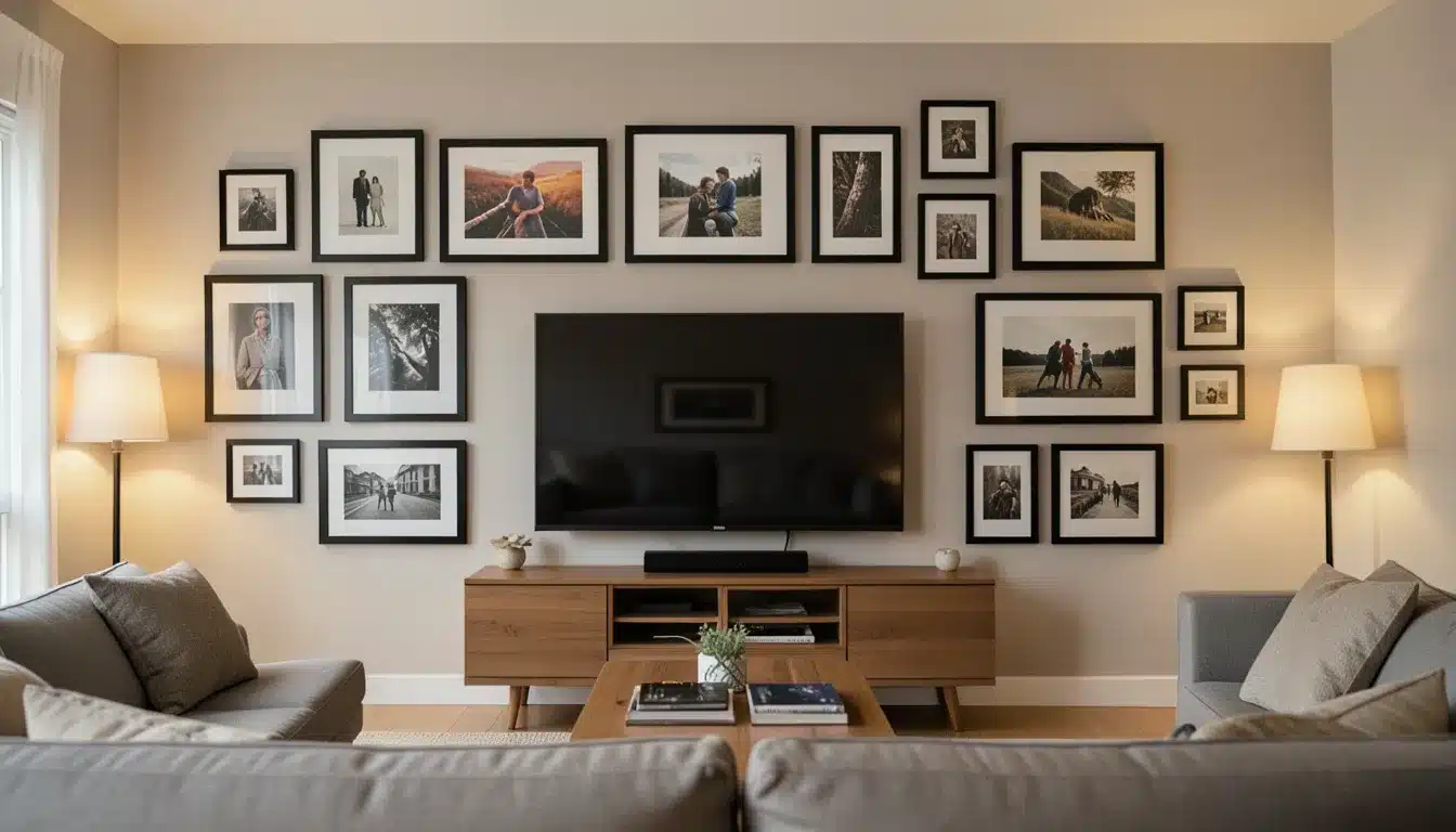 gallery-wall-tv-long-rectangular-living-room-layout