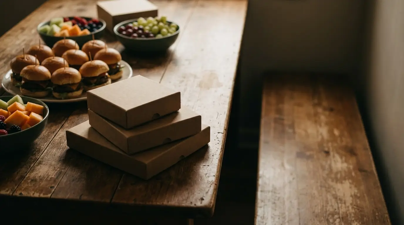 Mini burgers and fruit bowls on rustic wooden table with takeaway boxes nearby