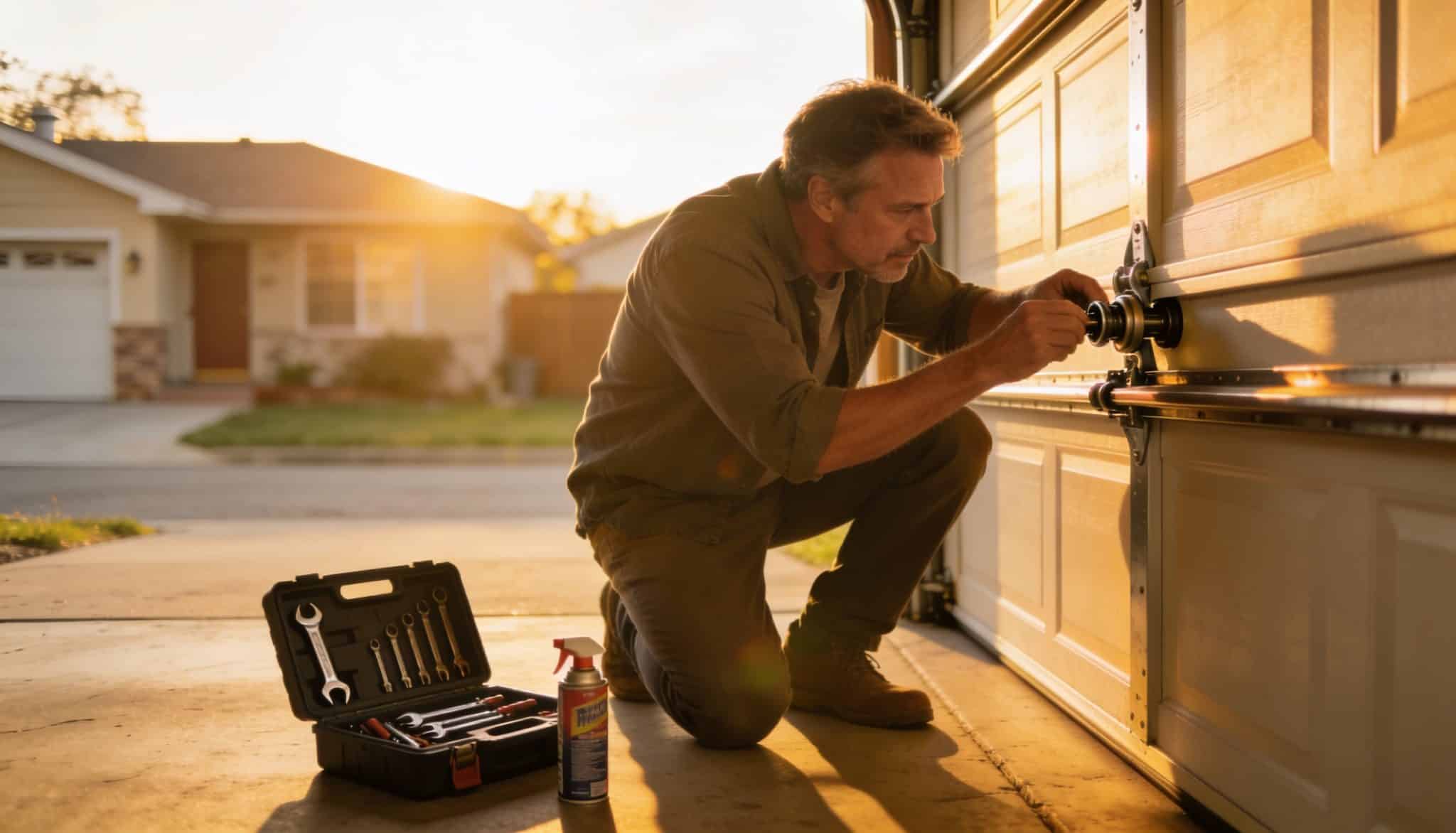 Homeowner performing garage door maintenance with tools beside a suburban garage at sunset