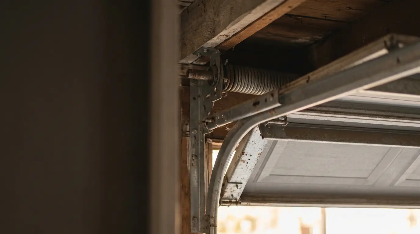 Garage door mechanism with metal spring in wooden frame under natural light