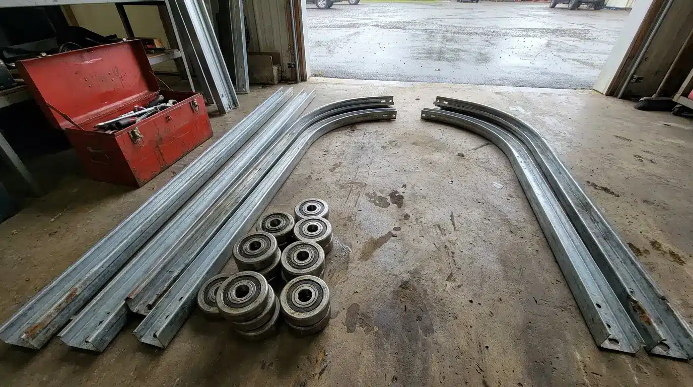 Metal brackets and bearings arranged on workshop floor with red toolbox nearby