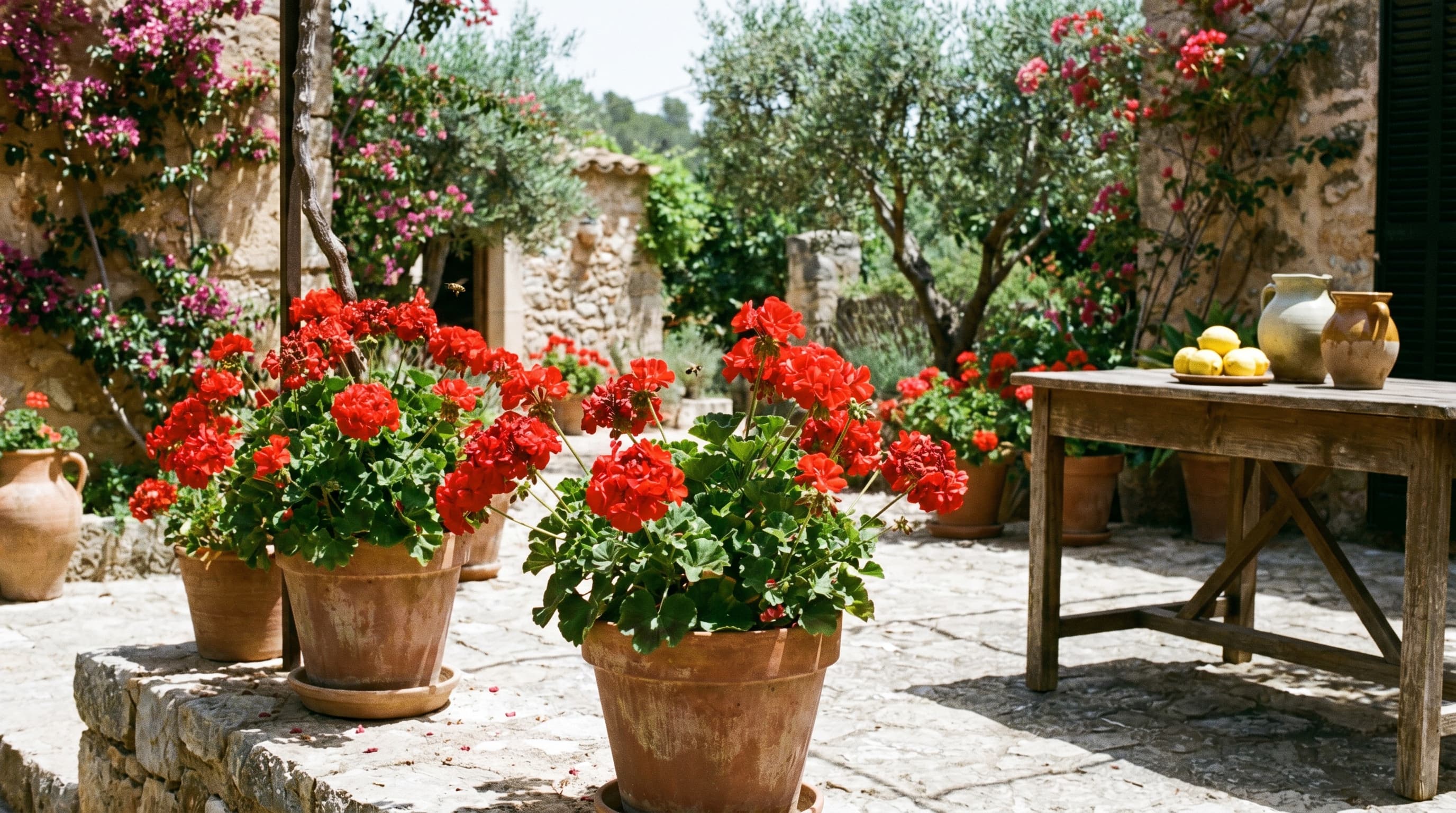 Red geraniums blooming in terracotta pots across a rustic Mediterranean courtyard.