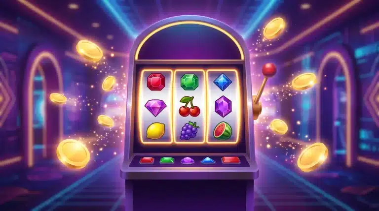 Slot machine with colorful icons and gold coins in a vibrant casino setting