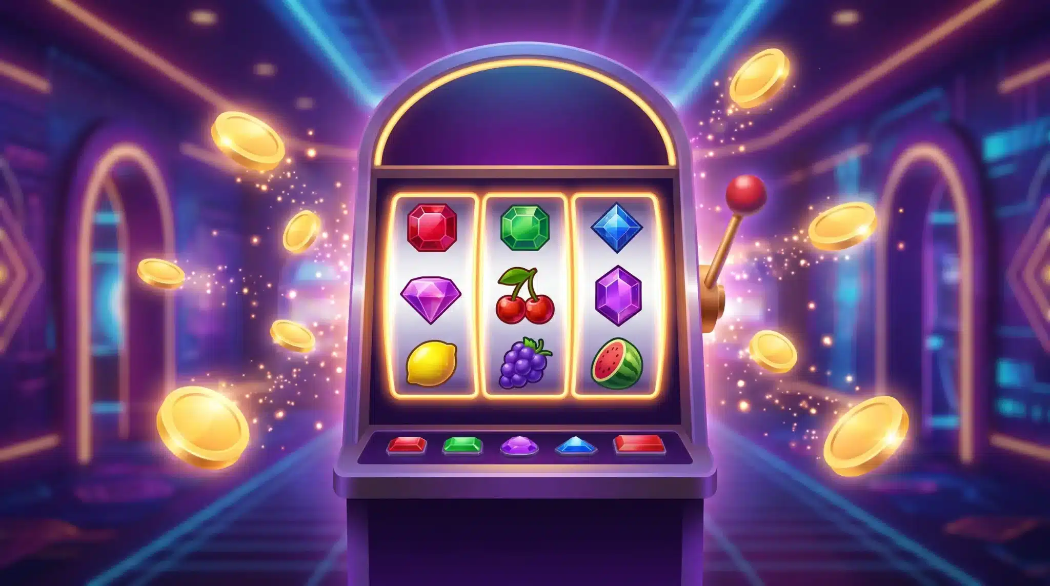Slot machine with colorful icons and gold coins in a vibrant casino setting