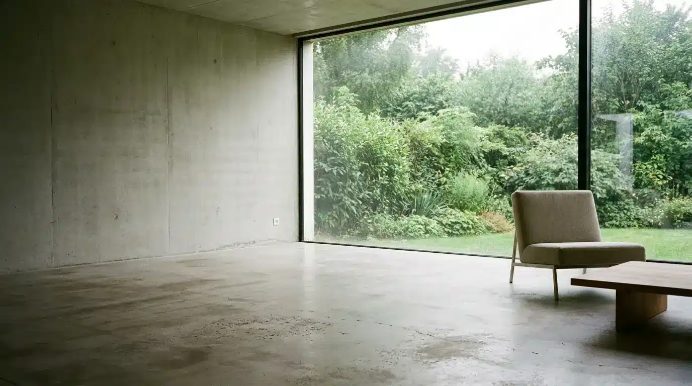 Minimalist interior with single armchair and wooden table facing large window overlooking garden