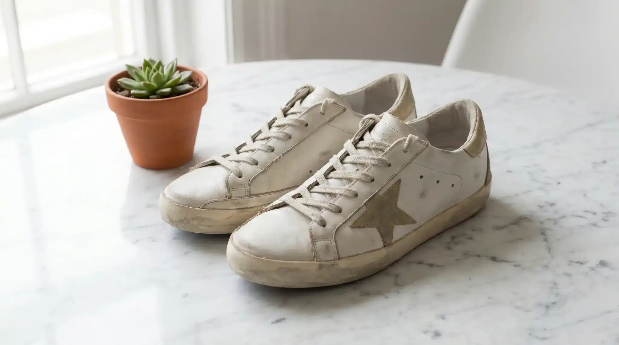 Worn white sneakers with star emblem on marble table beside potted succulent