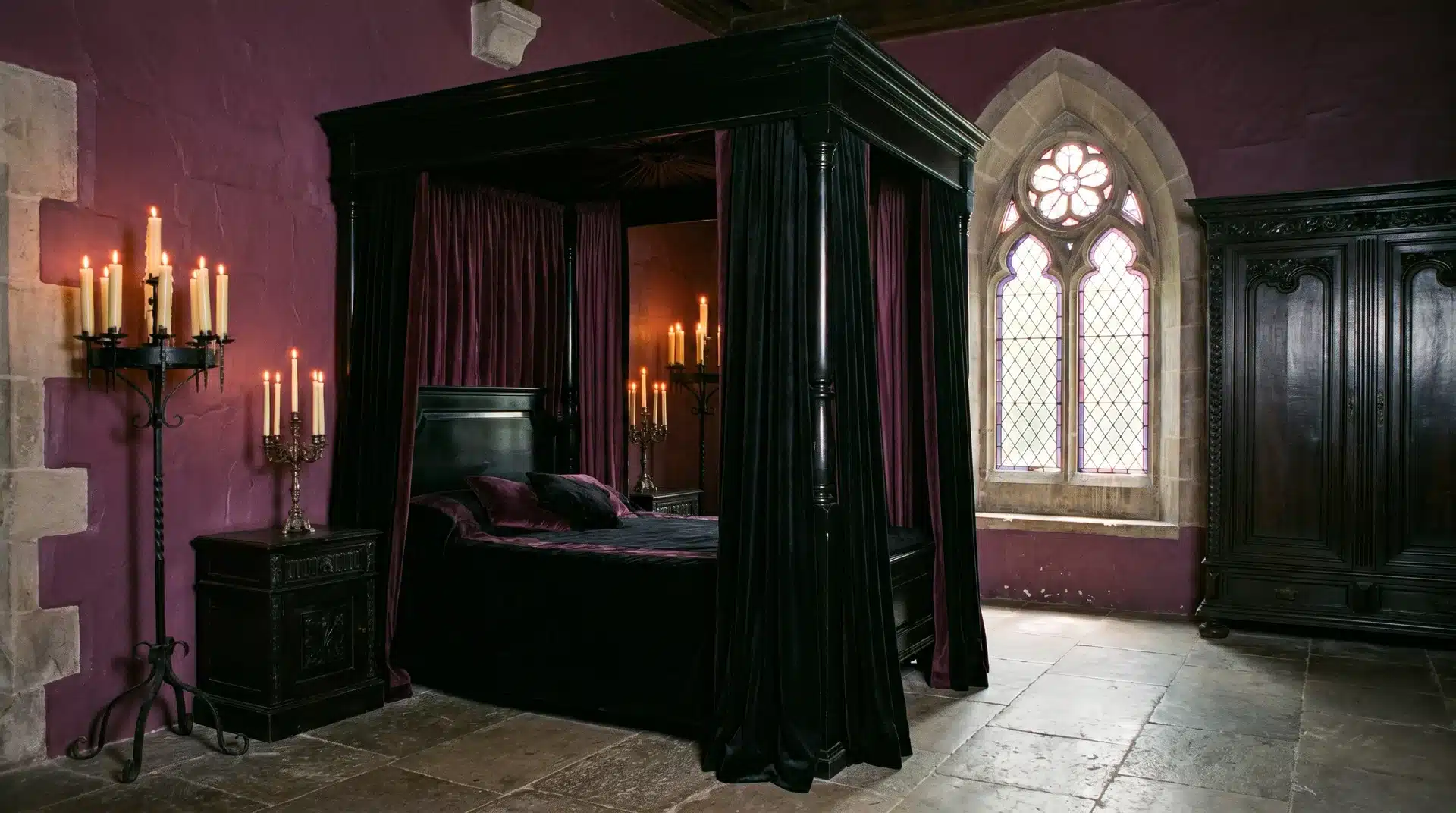 Dark Gothic interior featuring a black draped canopy bed, stone walls, a vintage wardrobe, and low candle lighting.
