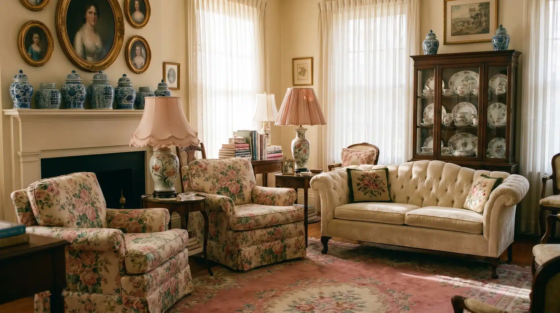 Grandmillennial living room featuring chintz floral armchairs, a tufted cream sofa, and blue and white porcelain decor.