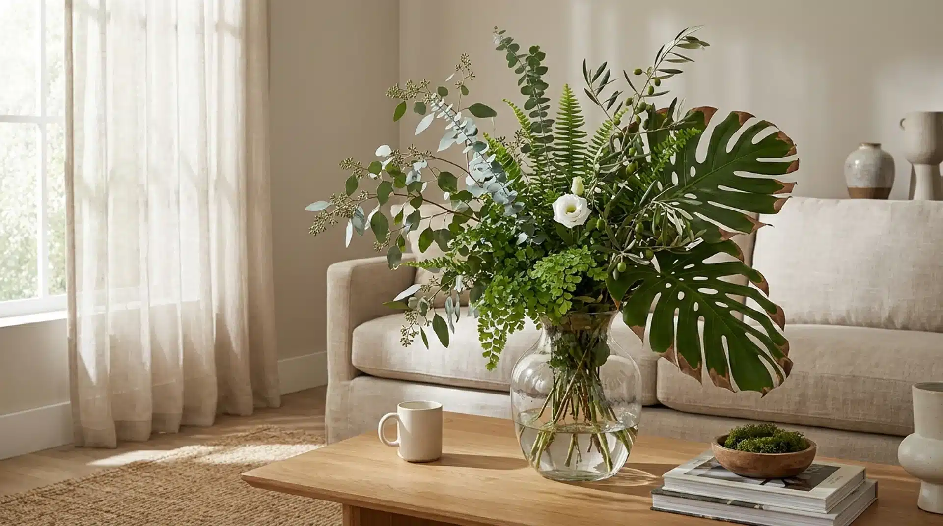 Greenery-focused arrangement with eucalyptus, ferns, and monstera leaves in a glass vase.