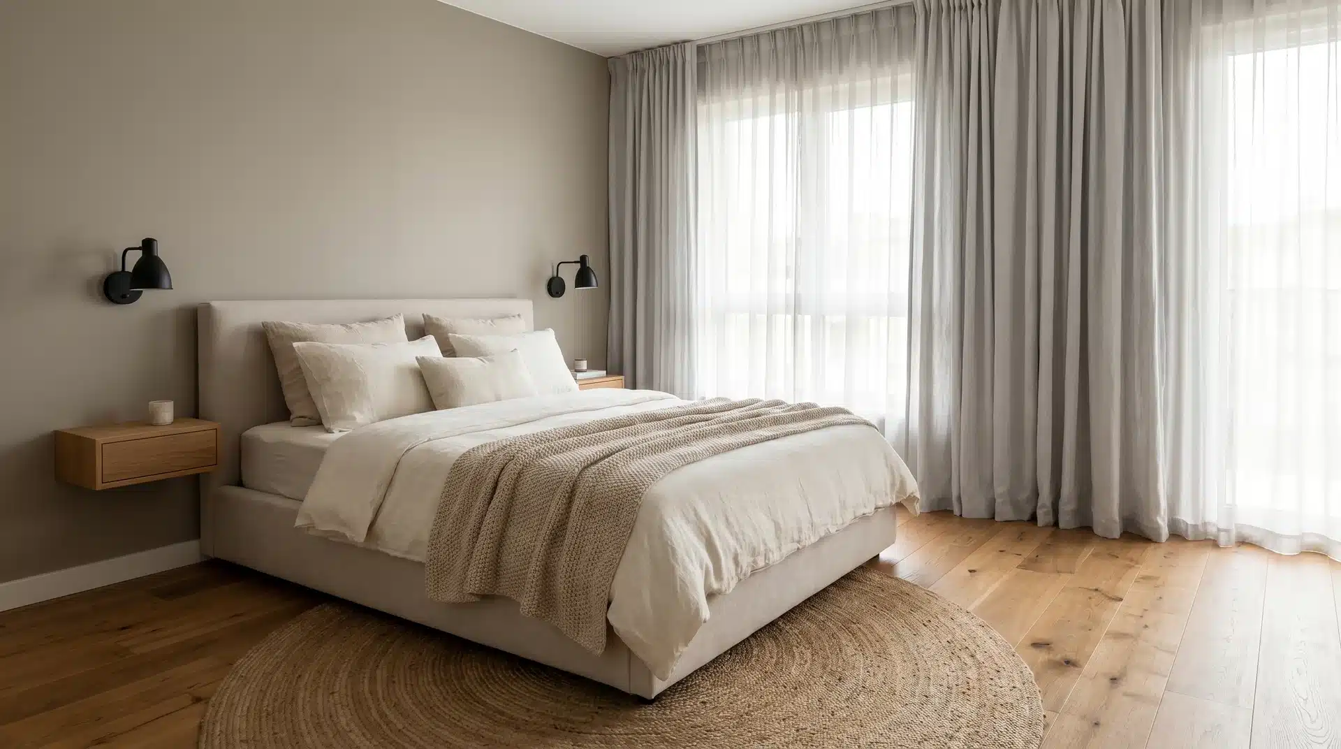 Modern bedroom featuring greige walls, a low upholstered bed with neutral bedding, a tan throw blanket, and matte black sconces.