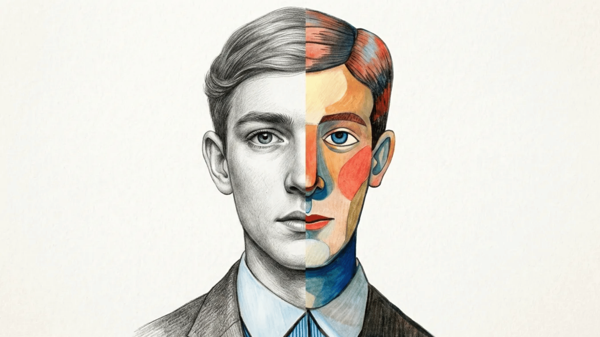 Half-realistic, half-abstract portrait illustration of a man with split black-and-white and colorful artistic styles.