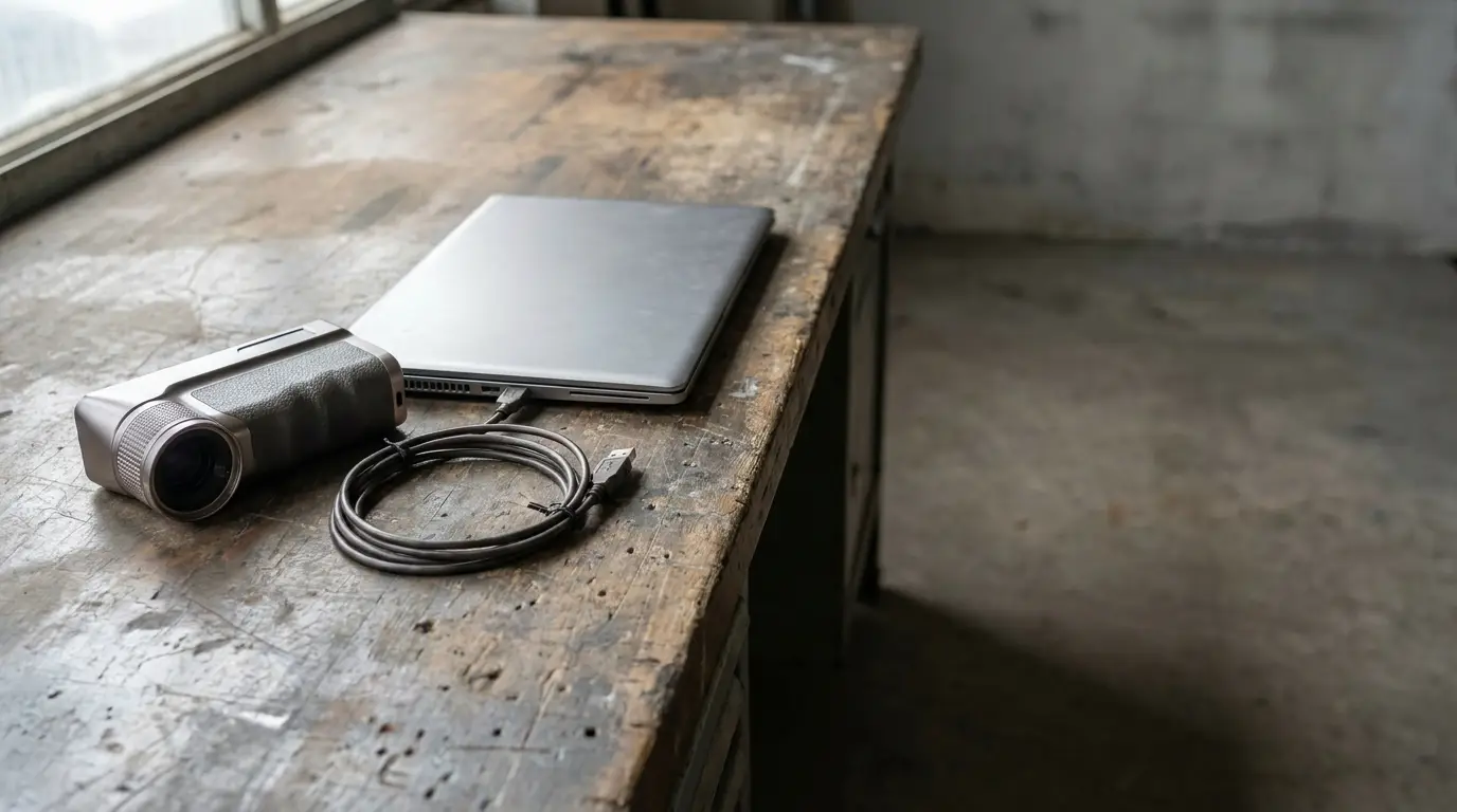Laptop, camera, and USB cable on rustic wooden table in natural light
