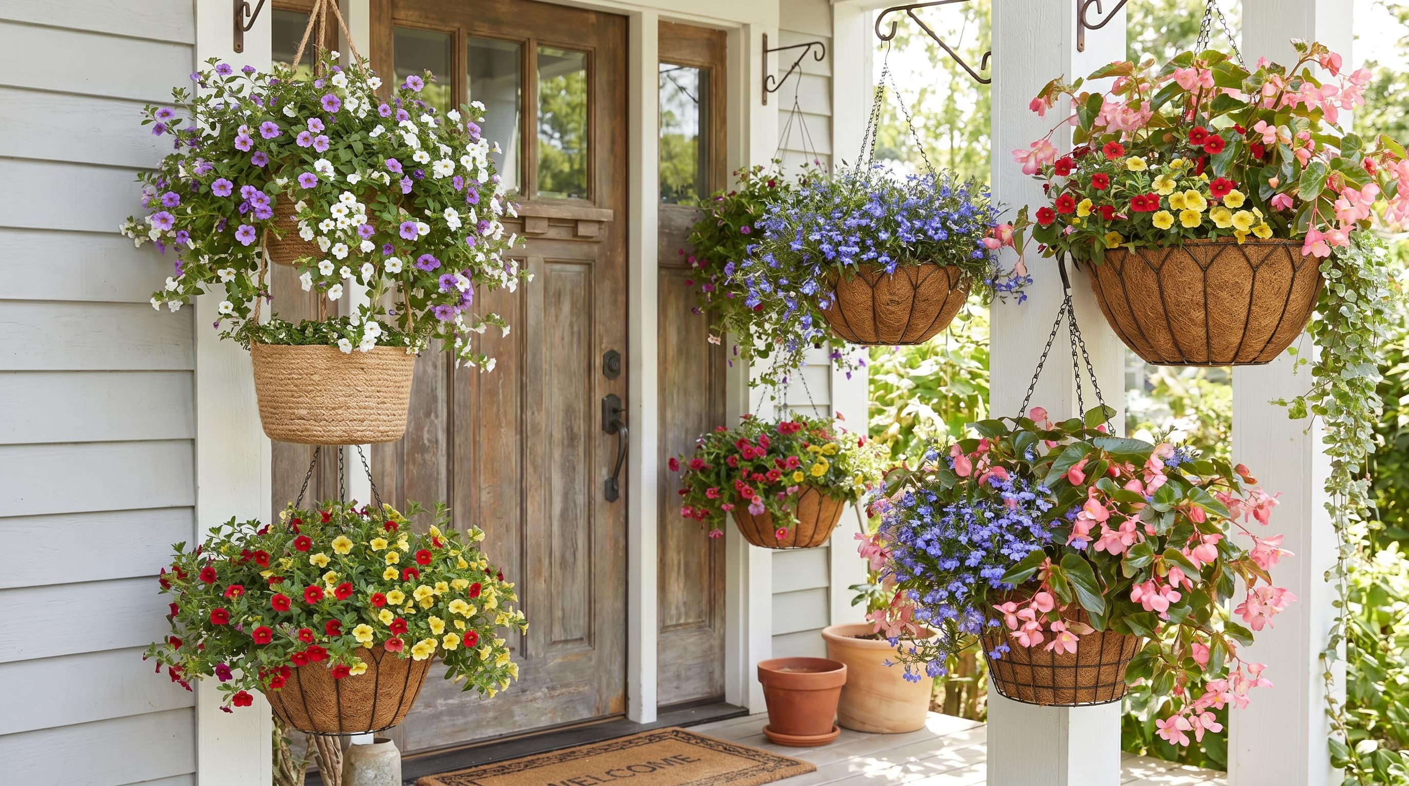 Front porch decorating ideas with woven jute hanging baskets holding trailing begonias and ivy beside the front door.