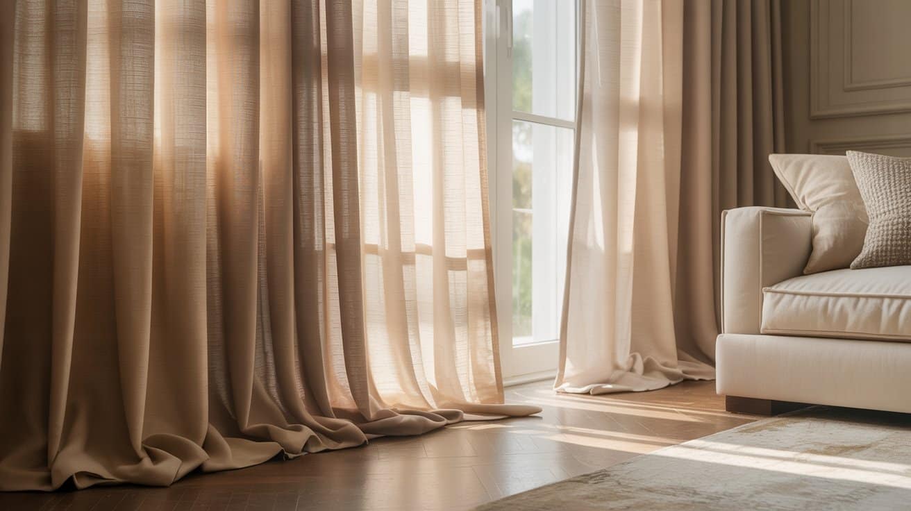 Living room window with curtains hung close to the ceiling, pooling slightly on the floor, creating a tall, elegant, and well-styled look.